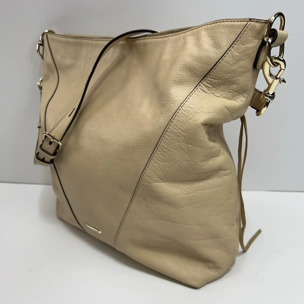 REBECCA MINKOFF Leather Hobo Bag Large Gold Zip Moto Shoulder Purse Tote Beige